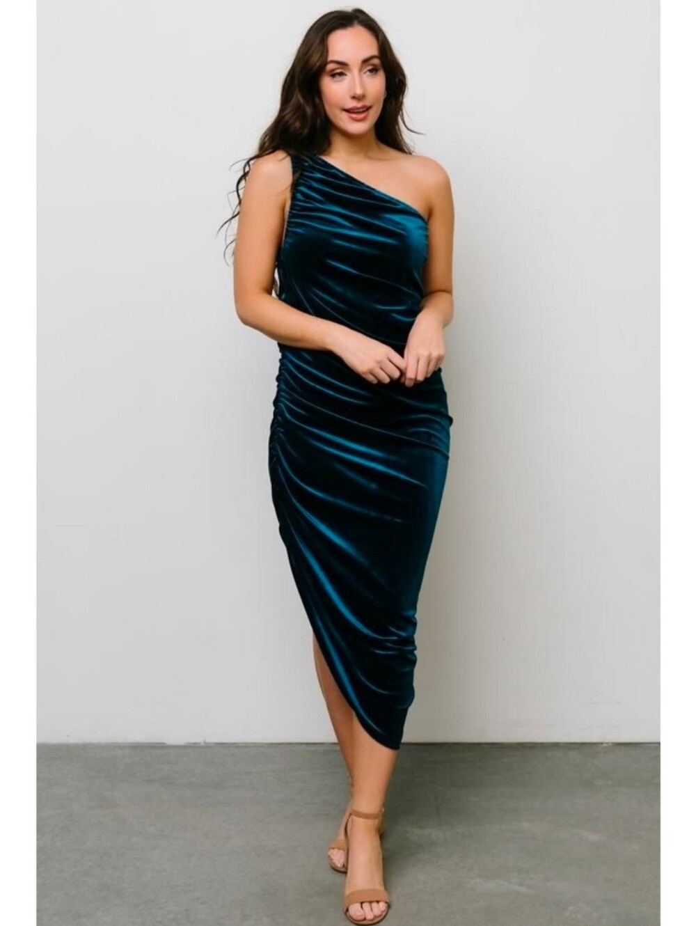 Baltic Born Teal Topaz Blue Ronnie Velvet One Shoulder Midi Dress Size Small